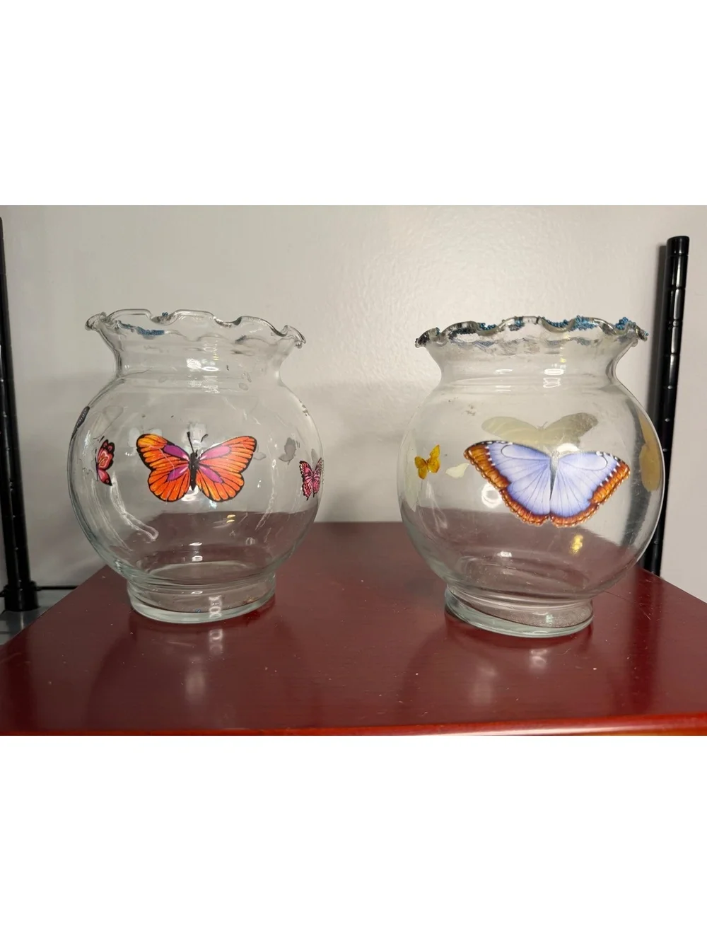 Set of 2 Decorative Glass Butterfly Vases with Scalloped Blue Trim